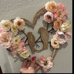 Floral Heart Wreath with Wooden Bird Accents - Pink & Cream